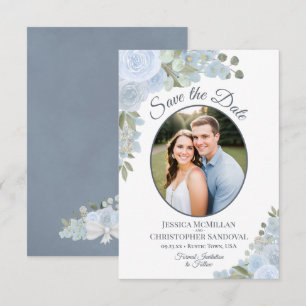Dusty Blue Watercolor Roses & Photo Rustic Wedding Save The Date