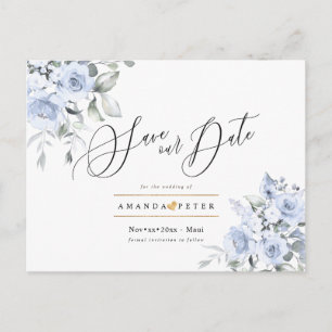 Dusty Blue Watercolor Roses Save the Date Postcard