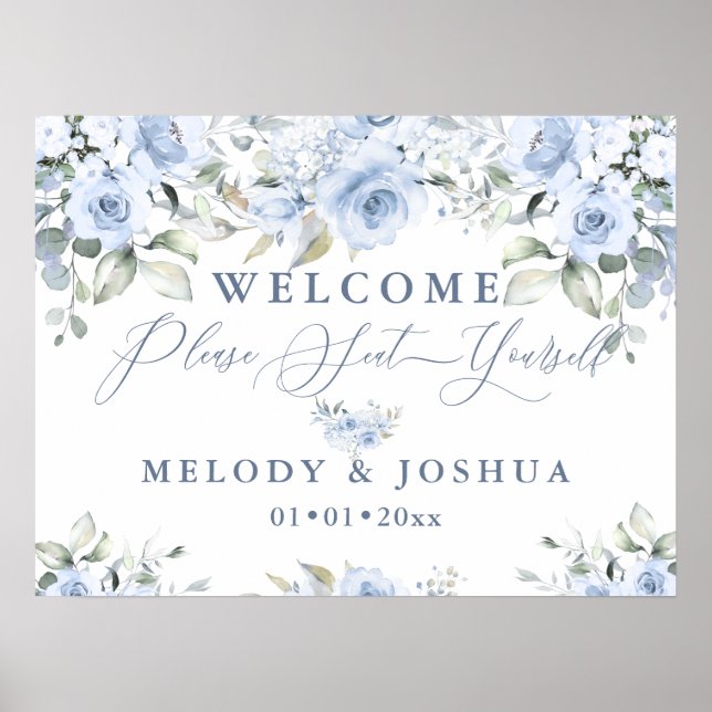Dusty Blue Watercolor Roses Seat Yourself Sign (Front)