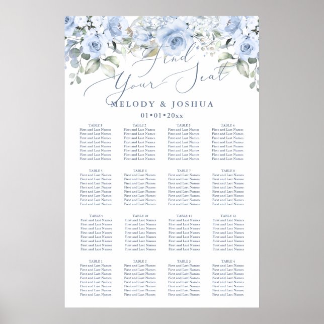 Dusty Blue Watercolor Roses Seating Chart (Front)