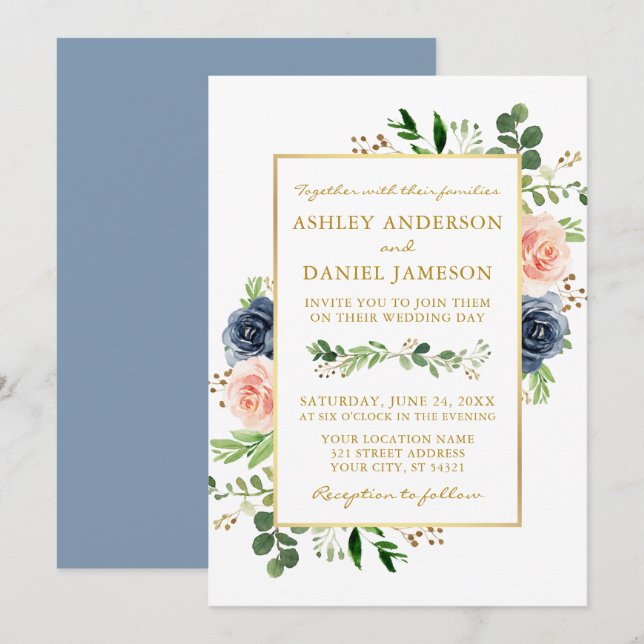 Dusty Blue Watercolor Roses Wedding Gold Invitation (Front/Back)