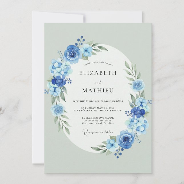 Dusty Blue Watercolor Spring Wedding Invitation (Front)