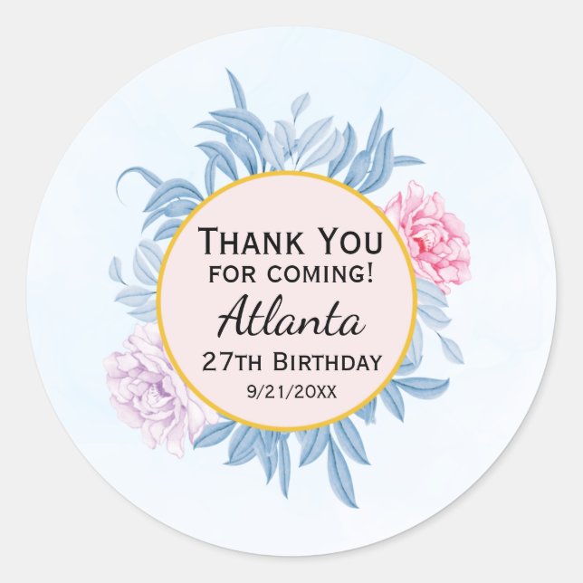 Dusty Blue Watercolor Succulent 30th Birthday Classic Round Sticker (Front)