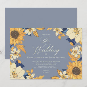 Dusty Blue Watercolor Sunflower Script Wedding Inv Invitation