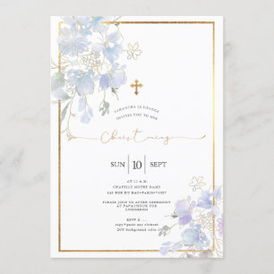Dusty Blue Watercolor Sweet Peas Christening Invitation