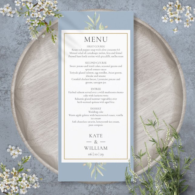 Dusty Blue Watercolor Vert Mariage Dîner Menu (Dusty Blue Watercolor Greenery Wedding Dinner Menu)