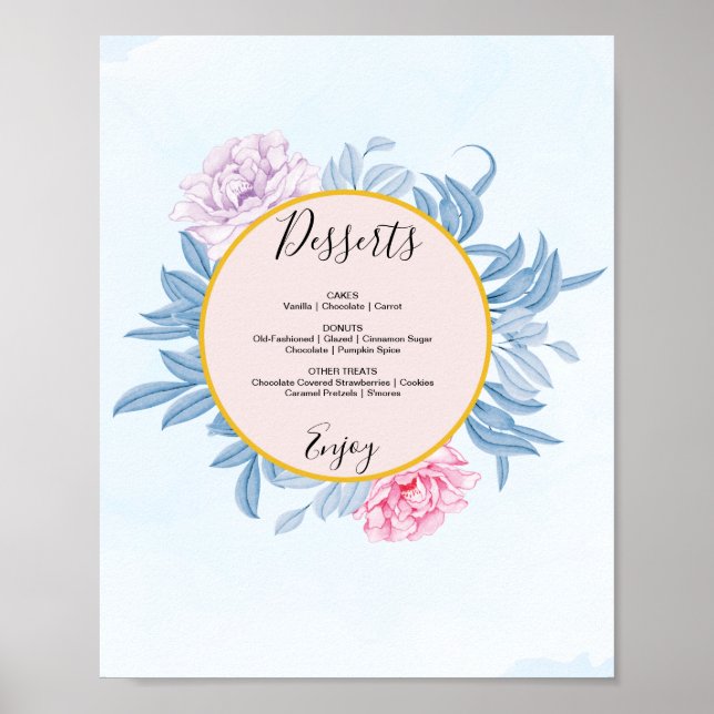 Dusty Blue Watercolor Wedding Dessert Menu Sign (Front)