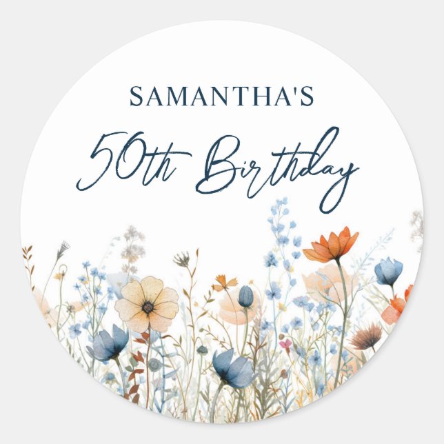 Dusty Blue Watercolor Wildflower 50th Birthday Classic Round Sticker (Front)