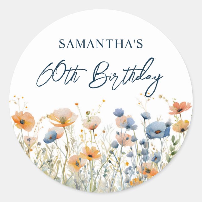 Dusty Blue Watercolor Wildflower 60th Birthday Classic Round Sticker (Front)