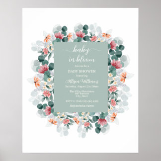 Dusty blue watercolor wildflower baby shower invit poster