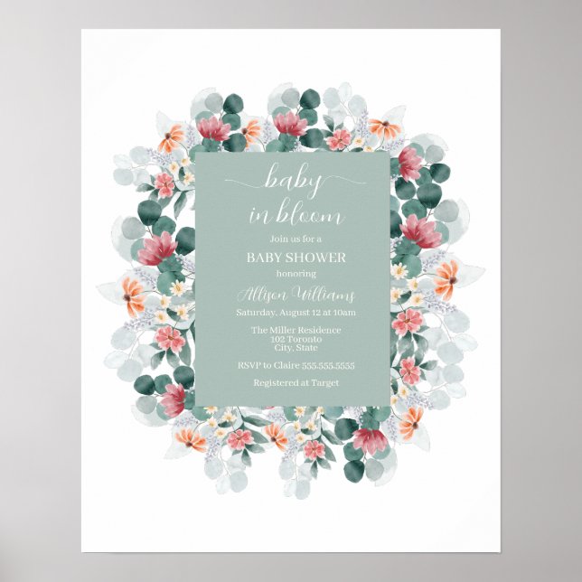 Dusty blue watercolor wildflower baby shower invit poster (Front)