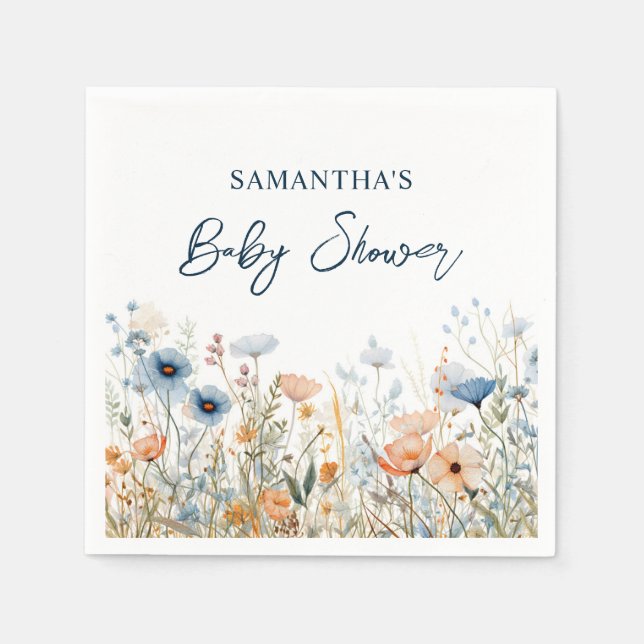 Dusty Blue Watercolor Wildflower Baby Shower Napkin (Front)