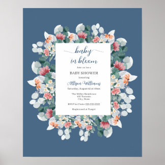 Dusty blue watercolor wildflower baby shower   poster