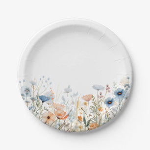 Dusty Blue Watercolor Wildflower Wedding Paper Plate