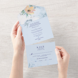 Dusty Blue Watercolored Peach Wild Rose All In One Invitation