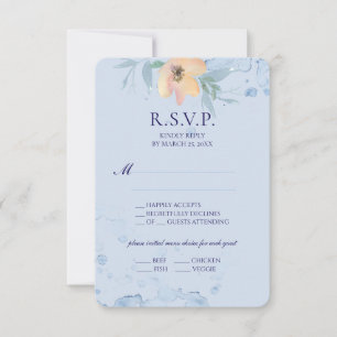 Dusty Blue Watercolored Peach Wild Rose RSVP Card