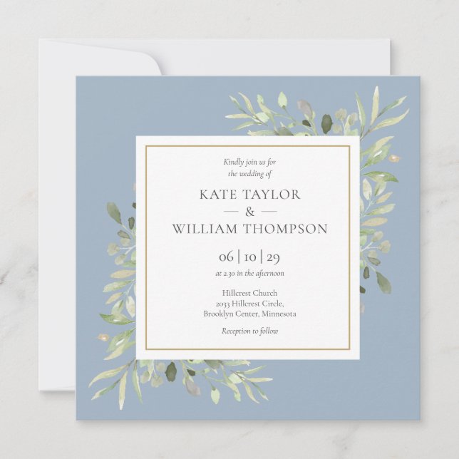 Dusty Blue Watercolour Greenery Leaves Wedding Invitation (Front)