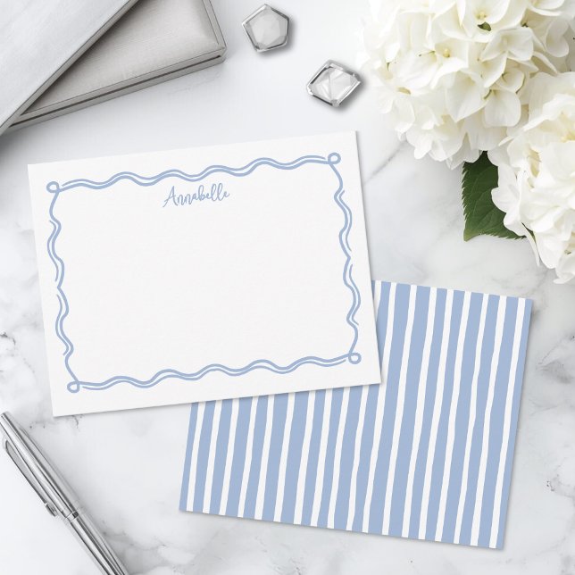Dusty Blue Wavy Border Personalized Name Card (Dusty Blue Wavy Border Personalized Name Note Card)