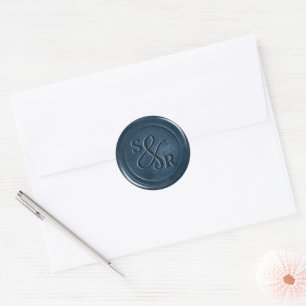 Dusty blue wax seal sticker with initials