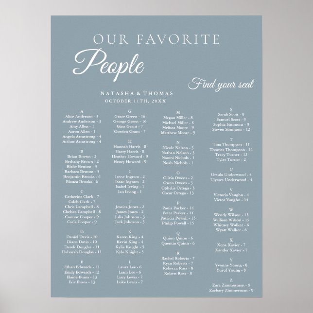 Dusty Blue Wedding Alphabetical Seating Chart (Front)