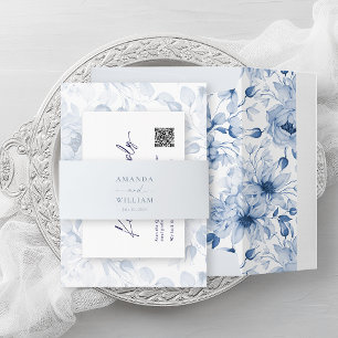 Dusty Blue Wedding Belly Band with Couple’s Names Invitation Belly Band
