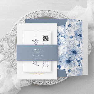 Dusty Blue Wedding Belly Band with Couple’s Names Invitation Belly Band