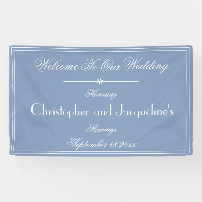 Dusty Blue Wedding Chic Script Names Welcome Banner (Horizontal)