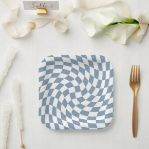 Dusty Blue Wedding Collection Check Chequered   Paper Plate