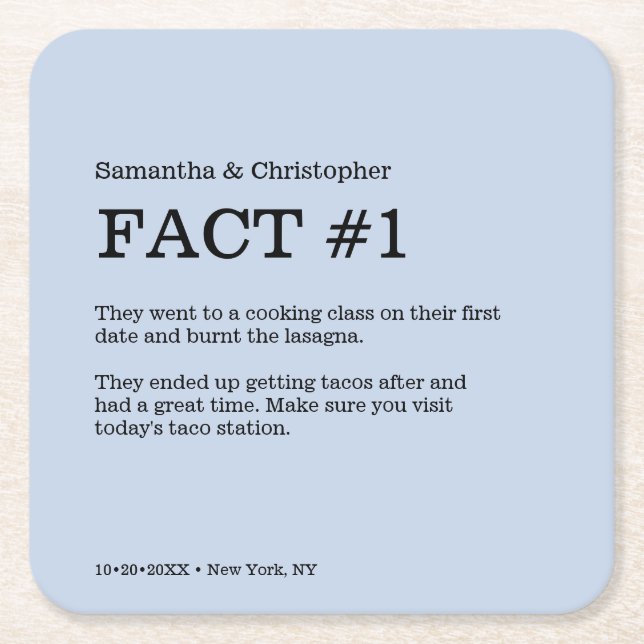 Dusty Blue Wedding Custom Fun Fact  Square Paper Coaster (Front)
