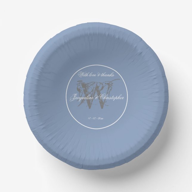 Dusty Blue Wedding Elegant Grey Monogram Paper Plate (Front)