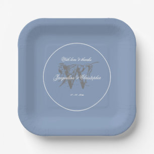 Dusty Blue Wedding Elegant Grey Monogram   Paper Plate
