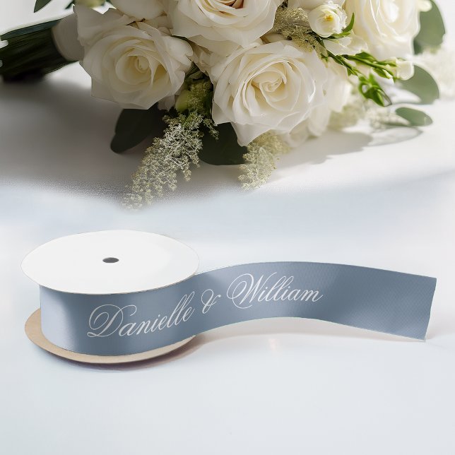 Dusty Blue Wedding Elegant Script Calligraphy Satin Ribbon (Creator Uploaded)