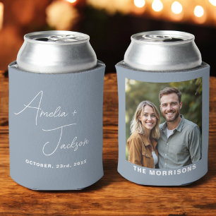 Dusty Blue Wedding Favour Photo Modern Minimalist  Can Cooler