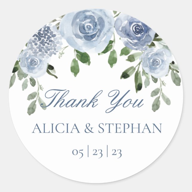 Dusty Blue Wedding Favour Thank You Round Sticker (Front)