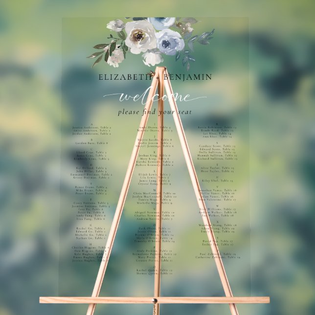 Dusty Blue Wedding Floral Alphabetical Seating Acrylic Sign (Neutral)