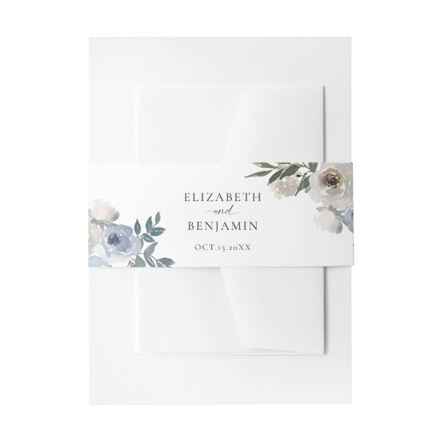 Dusty Blue Wedding Floral Elegant Script Rustic   Invitation Belly Band (Front Example)
