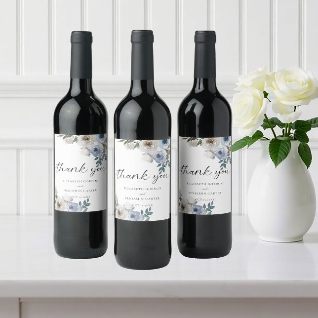 Dusty Blue Wedding Floral Elegant Script Rustic  Wine Label (Creator Uploaded)