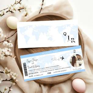 Dusty Blue Wedding invitation Boarding pass ticket