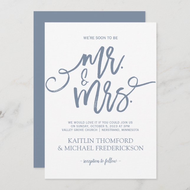 Dusty Blue Wedding Invitations | Brush Script (Front/Back)
