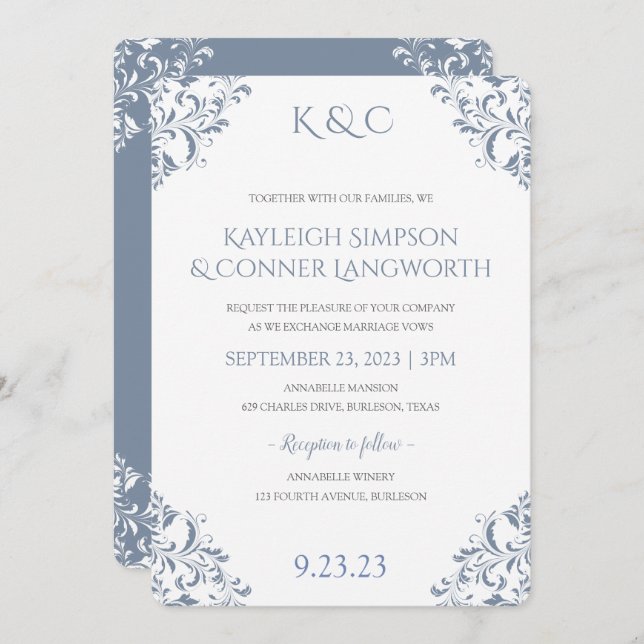 Dusty Blue Wedding Invitations | Elegant Vintage (Front/Back)