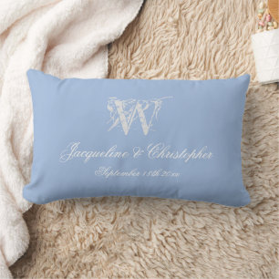 Dusty Blue Wedding Keepsake Monogram Script Names Lumbar Pillow