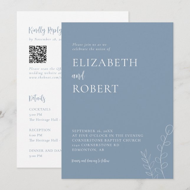 Dusty Blue Wedding Minimalist Modern QR Code Invitation (Front/Back)