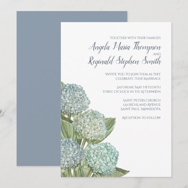 Dusty Blue Wedding Modern Hydrangea Simple  Invitation (Front/Back)