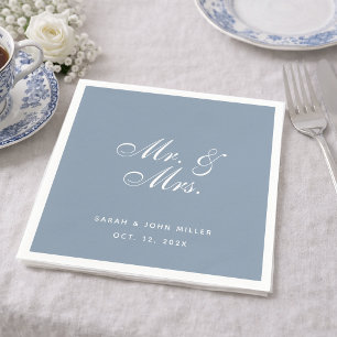 Dusty Blue Wedding Mr. and Mrs. White Calligraphy Napkin