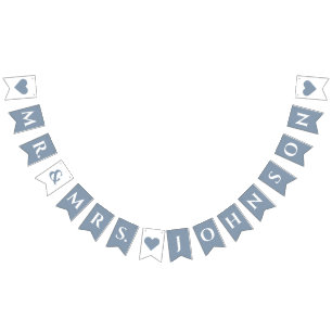 Dusty Blue Wedding Mr. & Mrs. 7 Letter Name Hearts Bunting Flags