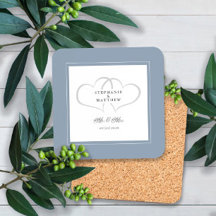 Dusty Blue Wedding Mr & Mrs Elegant Chic Hearts Coaster