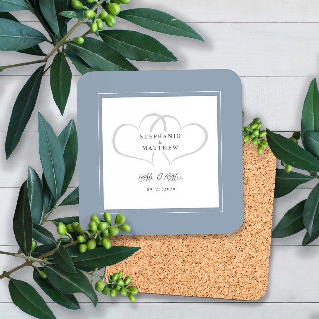 Dusty Blue Wedding Mr & Mrs Elegant Chic Hearts Coaster (Creator Uploaded)