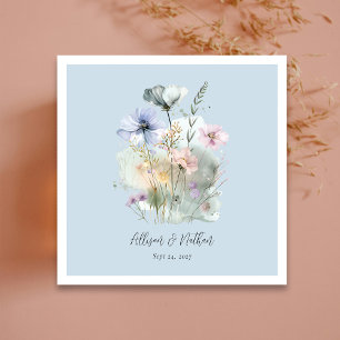 Dusty Blue Wedding Napkins with Blush Wildflowers