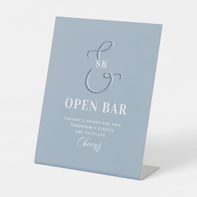 Dusty Blue Wedding Open Bar Pedestal Sign (Front)