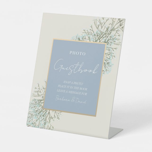 Dusty Blue Wedding Photo Guestbook Pedestal Sign (Front)